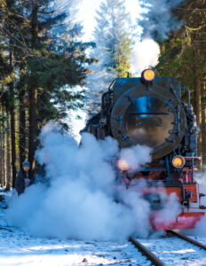 couple of men and women watching the steam train during winter in the snow in the Harz Germany