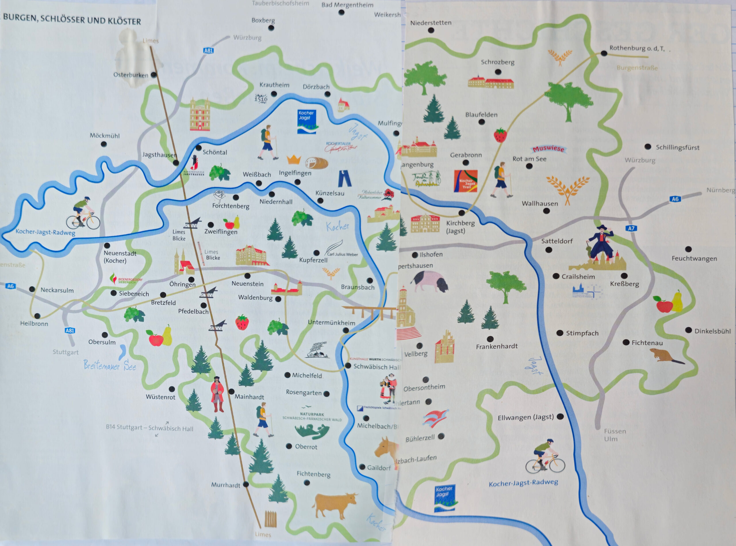 Map of castles, palaces, and monasteries in the region of Kocher and Jagst rivers in Germany