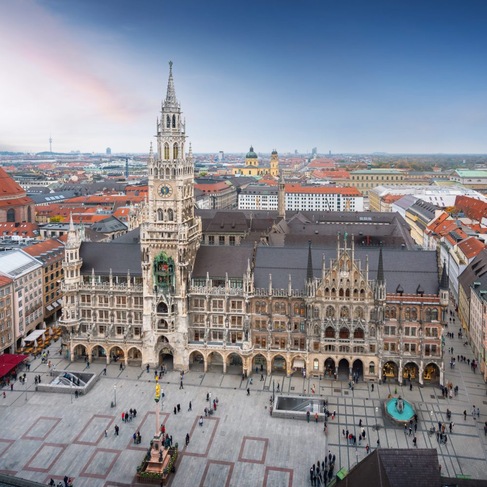 Aerial view of Marienplatz Square and New Town Hall (Neues Rathaus) at sunset - Munich, Bavaria, Germany