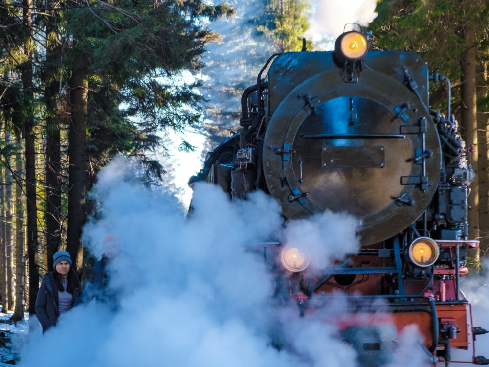 couple of men and women watching the steam train during winter in the snow in the Harz Germany