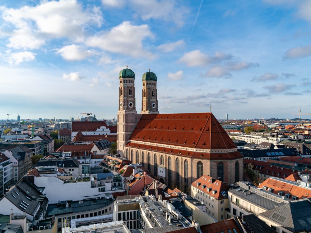 Skyline Sweep: Munich's Marienplatz Autumn Aerial